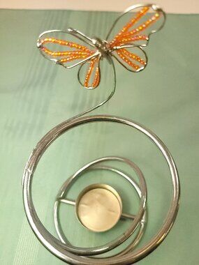 Butterrfly Tea Light Holder Spiral Wire Candle Stand with Beaded Wings Cir. 1999